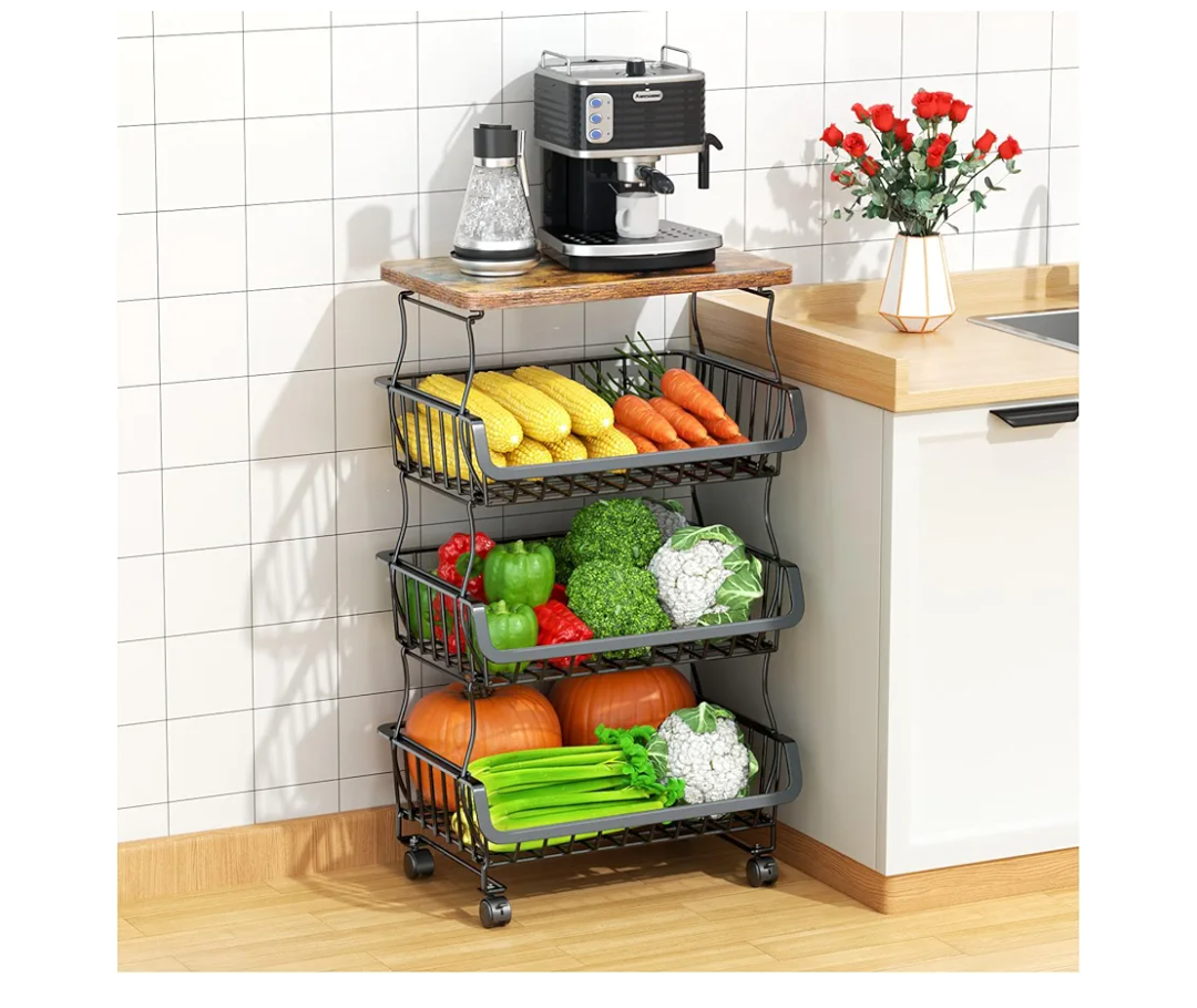 Fruit Vegetable Basket for Kitchen, 4 Tier Stackable Fruit Vegetable Storage Baskets with Wheels, Metal Wire Storage Basket Organizer Baskets for Kitchen, Pantry, Bathroom