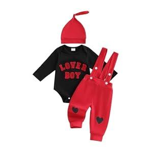 Douhoow Baby Boy's Valentines Day Outfits Lover Boy Embroidery Baby Romper Susupender Overall Pants With Hat (Black, 3-6 Months)