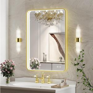 FTOTI 20X28 Inch Framed LED Lighted Bathroom Mirror, Wall Mounted Gold Metal Vanity Mirrors with Lights, Dimmable Illuminated Anti-Fog Mirror(Horizontal/ Vertical)