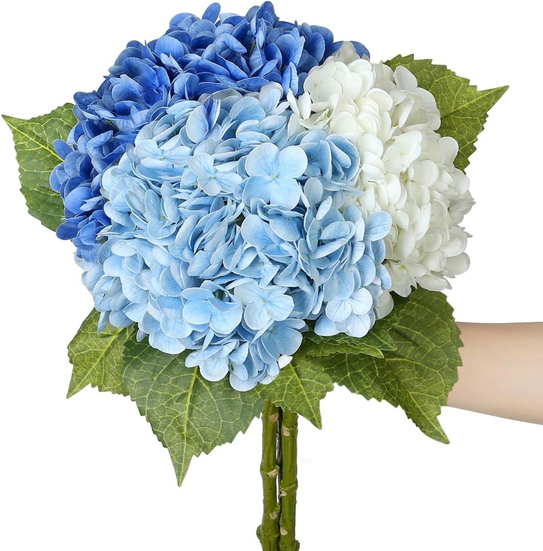 SIITUMEIZI Blue Hydrangea Artificial Flower Faux Hydrangea Flowers 21 Inch Real Touch Latex Fake Hydrangeas for Wedding Bouquets Centerpieces 3Pc