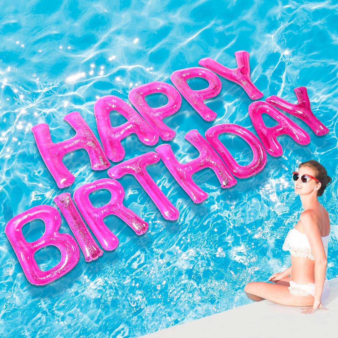 Shappy 20'' Happy Birthday Pool Large Floating Letter Balloons with Adhesive Dots Inflatable Pool Decorations for Summer Birthday Party (Hot Pink)