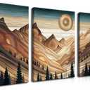 Framed Living Room Wall Art Set of 3 - Abstract Sun Mountain Canvas Paintings Prints, Nature Woodcut Forest Wilderness Wall Decor Art for Bedroom, Hallway, Home Office Decor - 16x24 Inches