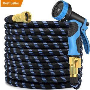 Garden Hose 100 ft, 2025 New Flexible Water Hose 100ft With 10-Pattern Spray Nozzle, Lightweight Hose Pipe, Durable, Kink-Free, Leak-Proof Solid Brass Fittings, Black & Blue