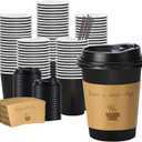 100 pack 12 Oz Thickened Coffee Cups with Lids, Scald Resistant Hot Cups with Sleeve and Straw, To Go Coffee Cups for Home, Office, Cafes and Party (Black 12 Oz)
