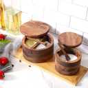 Acacia Wood Salt and Pepper Bowl, Nature Wood Salt Cellar and Spices Storage Box With Built-in Spoon and Magnetic Swivel Lid (Two Compartments 12 oz)