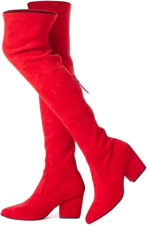 N.N.G Women Over the Knee Boots Thigh High Suede Block Winter Low Above Flat Long OTK Comfort Pointed toe (9, Red)