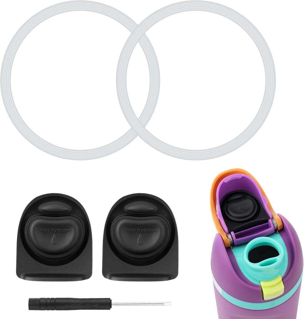 2pcs Rubber Bottle O Seal Ring & 2pcs Replacement Stopper for Owala FreeSip 24oz 32oz, BPA-Free Silicone Water Bottle Top Lid Mouth Parts for Owala 16/19/24/32/40oz Cap Gasket Plug Accessories(Black)