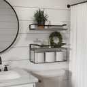 WOPITUES Floating Shelves with Wire Storage Basket, Bathroom Shelves Over Toilet with Protective Metal Guardrail, Wood Wall Shelves for Bathroom Organizers and Storage, Toilet Paper- Gray