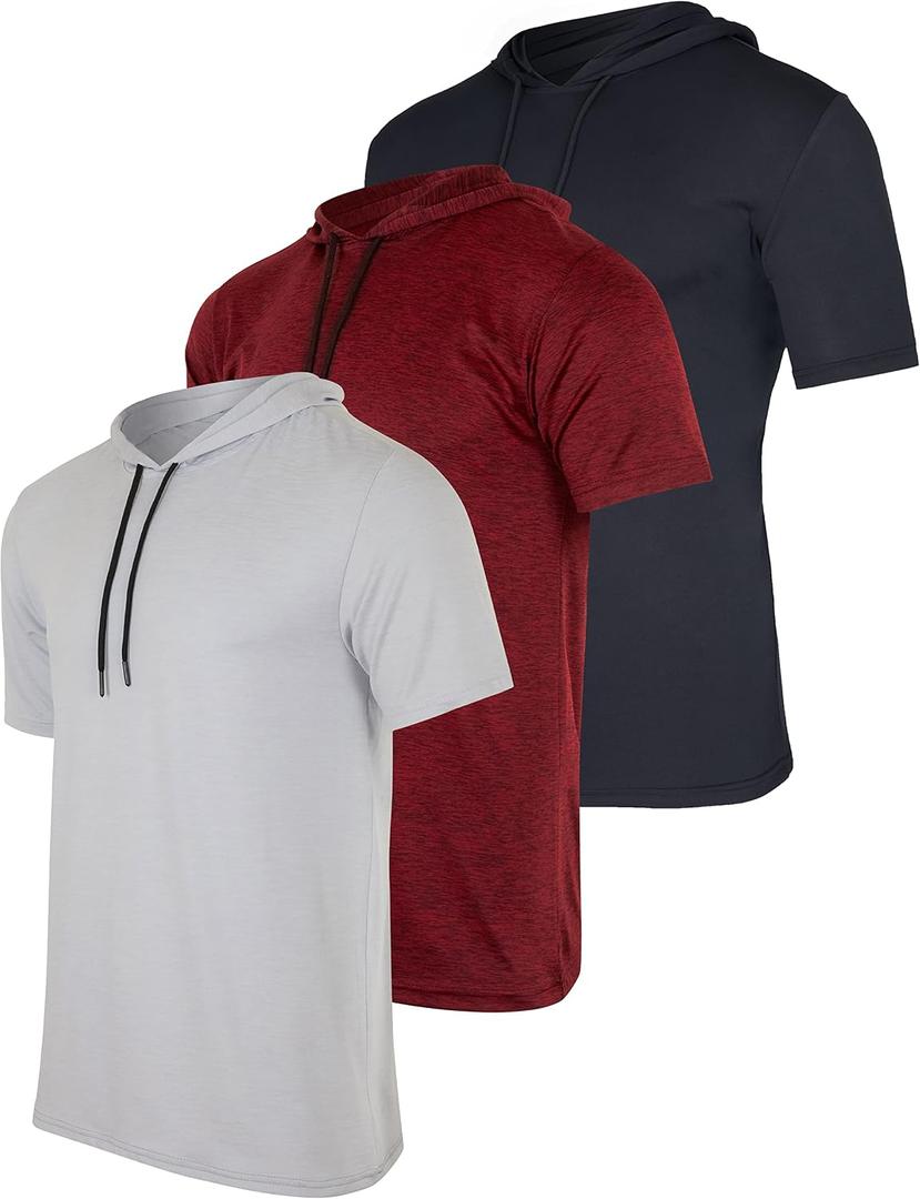 3 Pack Men's Dry Fit Short Sleeve Hoodies Shirts Athletic Workout Gym | Available In Big & Tall, Moisture Wicking, Pullover, Drawstring, Running, Fishing, Hiking, Soccer, Training, Summer, Stretch (M)