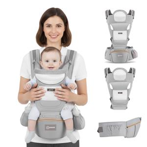 6-in-1 Ergonomic Baby Carrier with Detachable Hip Seat & Head Support, Adjustable Waist Fits 29-42 inches & Shoulder Straps, M-Shape Toddler Carrier with Big Storage Pocket for Newborn to Toddler (Grey)