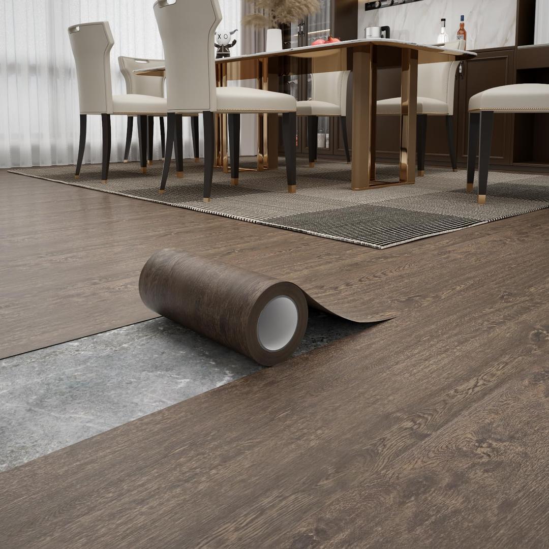 Peel and Stick Floor Tile 11.8 x 118 Vinyl Flooring Roll Cover 9.6 Sq.Ft. Waterproof Scratch-Resistant DIY Self-Adhesive PVC Wood Flooring for Renter, Kitchen, Bathroom, RV, Brown