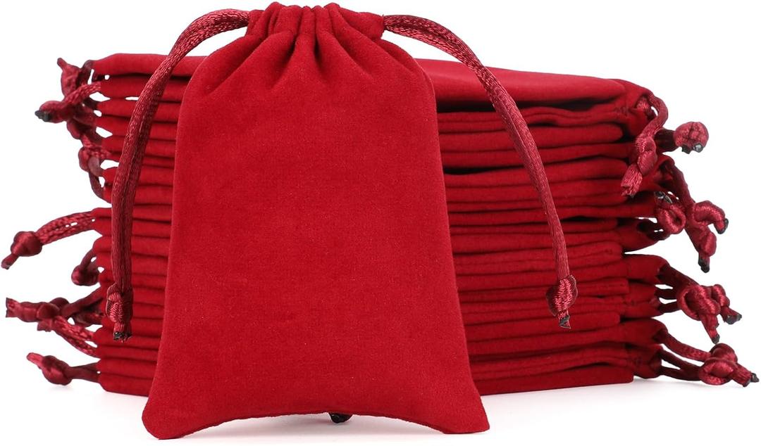 Velvet Drawstring Jewelry Bag, 50Pcs Red Coin Pouch, 3x4 Dice Bag, for Wrapping Christmas, Thanksgiving Party Favors or Gifts for Friends, Small Business, Crosses, Customers, For Church