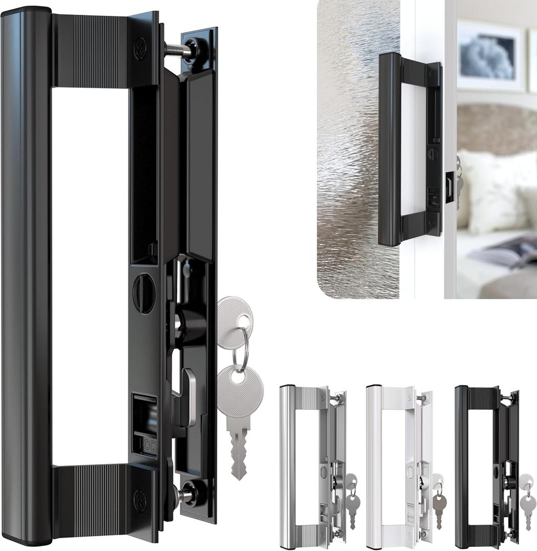 Sliding Glass Door Handle Set 6-5/8"  Heavy-Duty Black Zinc  Easy Installation  Ergonomic Grip  Includes Lock  Perfect for Patio, Balcony, and Replacement Projects