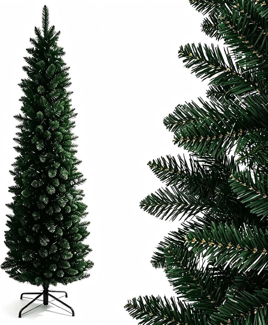 6ft Artificial Pencil Christmas Tree, Slim Xmas Tree with Metal Stand