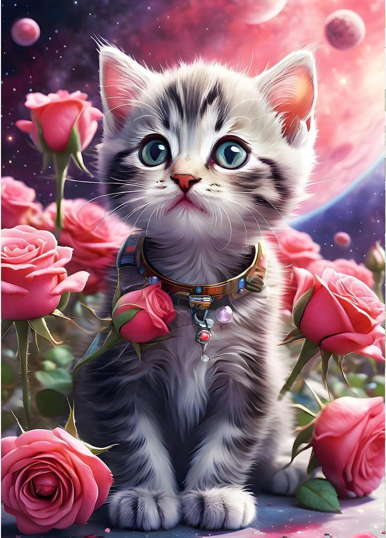 QINRUBB DIY Kitten Diamond Art Kit for Adults Beginners, Full Drill Cute Cat Diamond Painting Kits, 5D Roses Flowers Painting by Numbers DIY Craft Kits for Home Wall Decor 12x16 inch