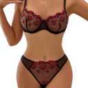 Lilosy Sexy Floral Embroidered Flower Mesh Underwire Push Up Lingerie Set
