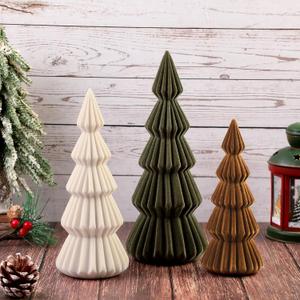 Set of 3 Velvet Ceramic Christmas Trees Decoration Large Modern Velvet Cone Christmas Tree Figurine Decor Holiday Xmas Winter Indoor Home Tabletop Mantel Centerpiece(Green, Beige, Brown)