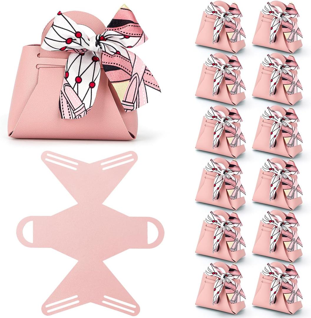yadiana 12 Pack Pu Leather Purse Gift Bags with Handle, Cute Wedding Candy Purse Gift Boxes with Ribbon, Reusable Mini Party Favor Bags for Baby Shower Birthday Christmas Halloween Decoration (Pink)