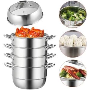 VEVOR Steamer Pot 11.8in/30cm, 5 Tier Steamer Pot for Cooking with 10QT Stock Pot, 3 Vegetable Steamers & 2 Steaming Trays, Food-Grade 304 Stainless Steel Food Steamer Cookware for Gas Electric Stove
