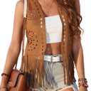 SOFIA'S CHOICE Women Fringe Vest Faux Suede Boho Western Cowgirl Sleeveless Open Front Rave Outfits Brown (XXL)
