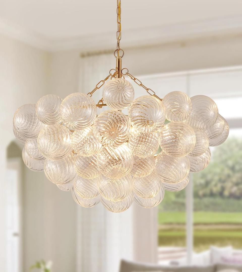 Modern Glass Chandelier,9 Light Nordic Bubble Ball Swirled Glass Globe Gold Large Pendant Light Fixtures for Foyer Bedroom Dining Room Living Room Kitchen Entryway D31.1 in UL Listed