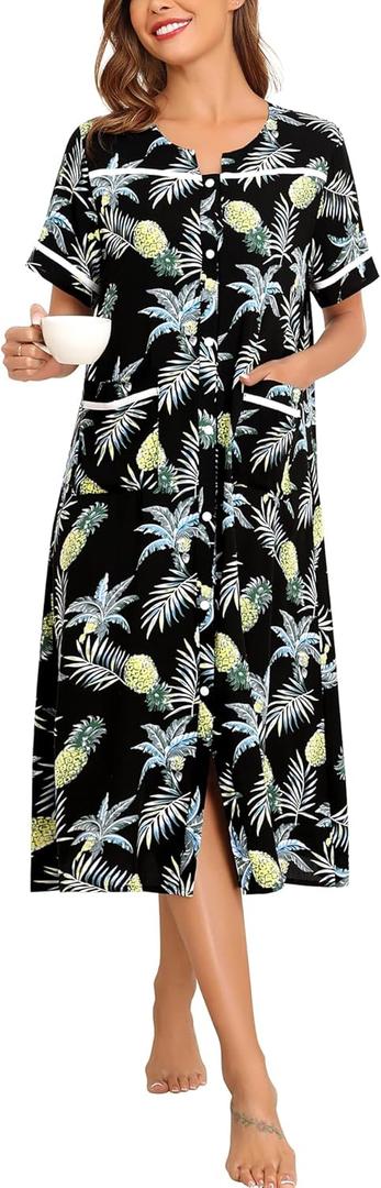 YOZLY House Dress Womens Embroidered Housecoat Short Sleeve Duster Robe with Front Pockets S-3XL (XXXL)