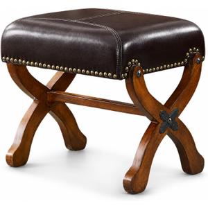 Leather Foot Stool, Genuine Leather Padded Ottoman with Wood Base, Brown, 15.4"D x 18.9"W x 16.5"H