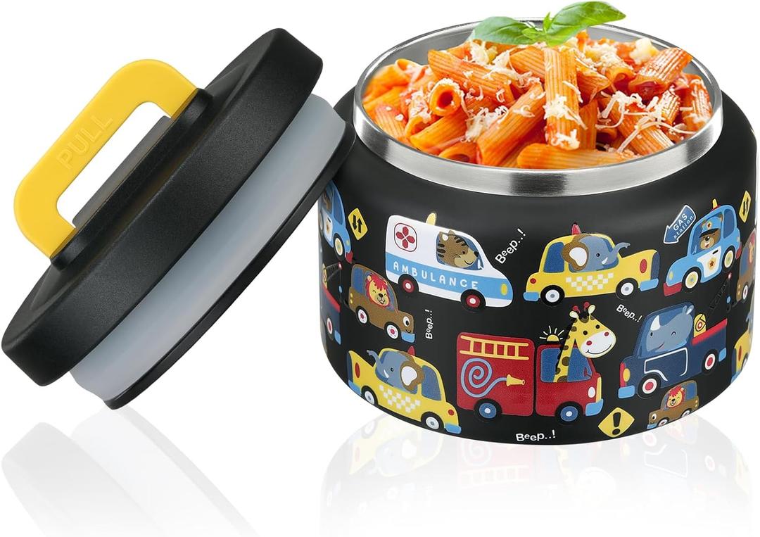 PIQUEBAR 8oz Kids Thermo for Hot Food,Small Lunch Thermo Food Container Stainless Steel,Easy Open Wide Mouth Thermo for Hot Cold Food for Preschool Travel (Black Animal Truck)