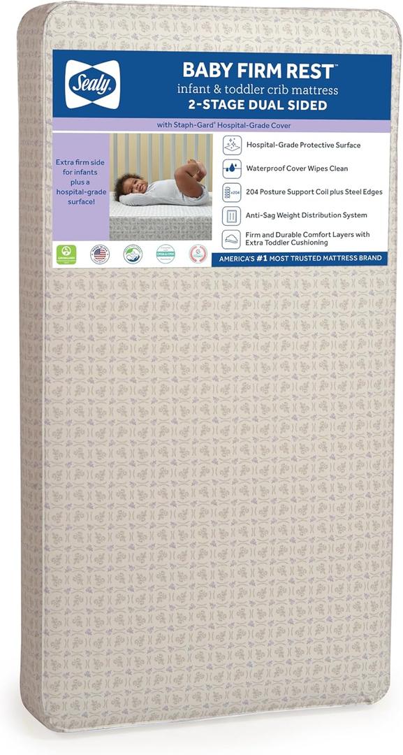 Sealy Baby Firm Rest Antibacterial Breathable Crib Mattress, Made in USA, GREENGUARD Gold Certified, 204 Steel Coils, 2 Stage, Toddler Bed Fit, Waterproof, Non Toxic, Safety & Quality Tested, 52x28" (Silver/Blue)
