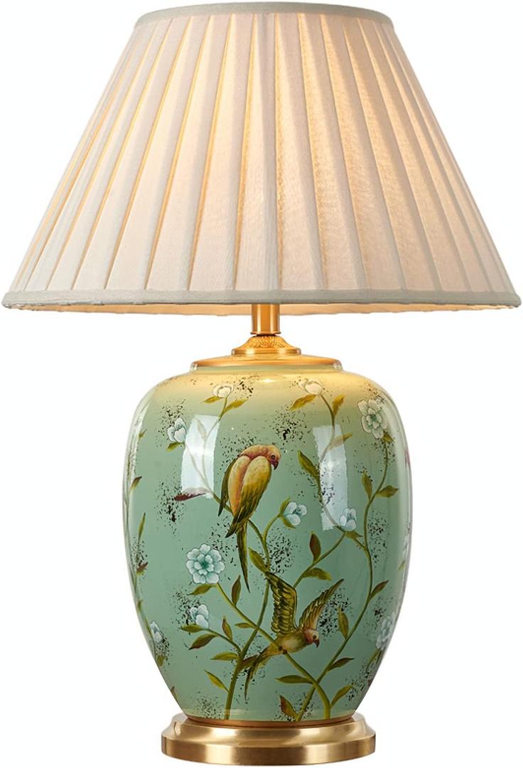 Green Flower and Bird Ceramics Table Lamp 25.5" Chinoiserie Lamp American Handmade Beige Linen Drum Shade Decor for Living Room Bedroom House Bedside Home