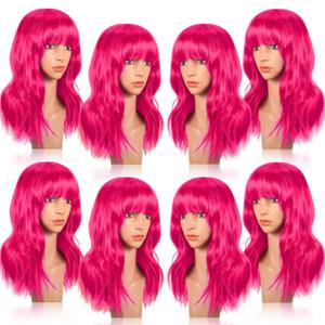 Crowye 8 Pcs 12 Colorful Party Wigs Shoulder Length Wigs for Women Wavy Bob with Air Bangs Curly Short Synthetic Colorful Costume for Cosplay Bachelorette Party(Hot Pink)