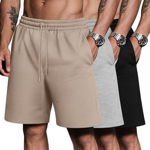 Riyiper 3 Pack Men's Bermuda Athletic Shorts Cotton Casual High Waist Shorts with Pockets Drawstring Knee Length Shorts Medium