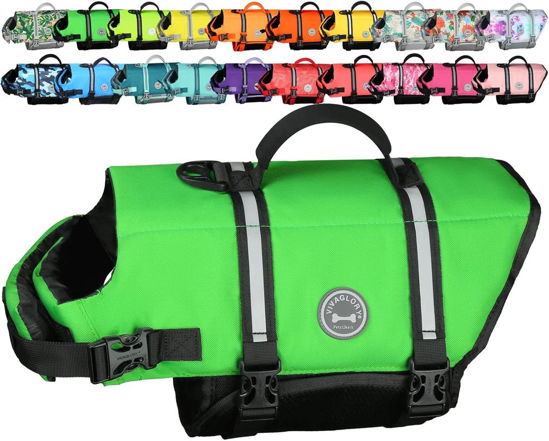 VIVAGLORY Dog Life Vest Rip Stop Dog Swim Vest, XL, Bright Green | High Visibility Ripstop for Puppy Cat Doggy, Life Jacket with Handle & Leash Ring for Boating & Swimming