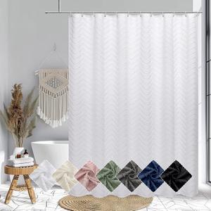 OVZME White Boho Fabric Shower Curtain 72 Inch Length, Tufted Chevron Striped Minimalist Premium Thick Cloth Bathroom Shower Curtain, Modern Hotel Textured Bathroom Decor, 72Wx72L Inches