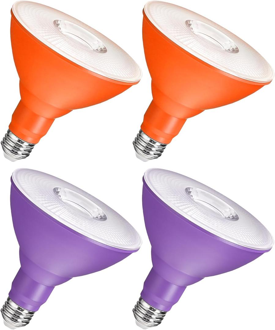 4-Set PAR38 LED Floodlights, Purple and Orange LED Bulbs, 18W Dimmable (120W Equiv.), E26 Base, Festival-Ready for Halloween, Christmas and Creative Parties, GZ04R3P405