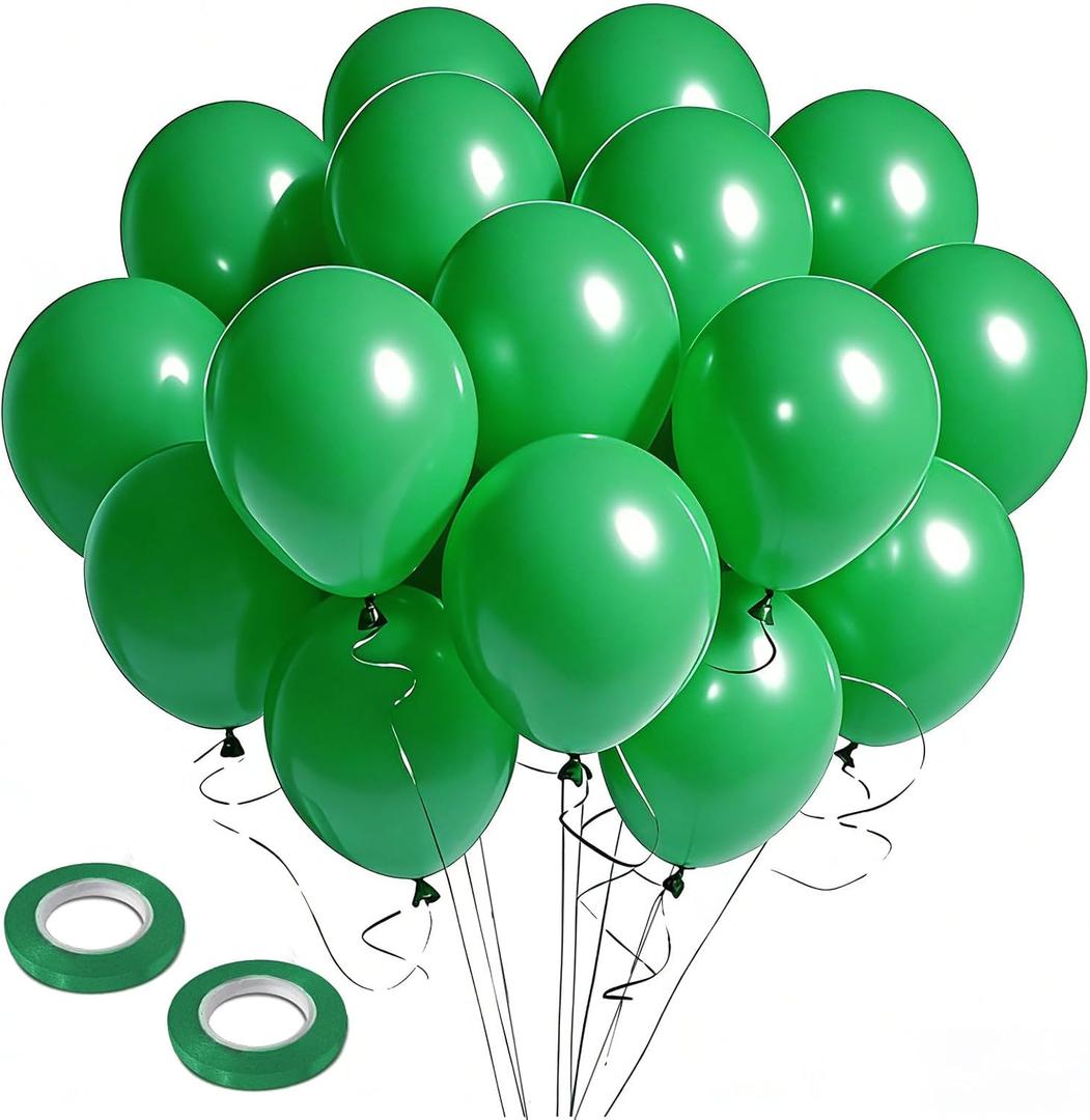 Green Balloons 12 inch, 100pcs Green Ballons with Ribbons Latex Party Balloons for St. Patrick's Day, Baby Shower, Jungle Forest Themed,Football, Christmas, Birthday Party Decoration