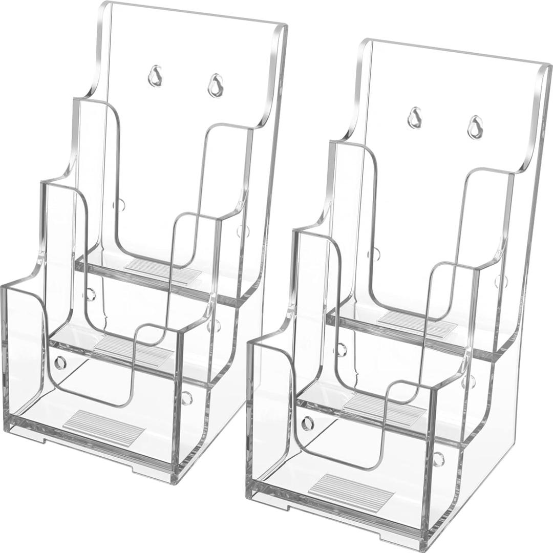 MaxGear Acrylic Brochure Holder, 4 Inch Wide 3 Tier Literature Display Stand, Clear Premium Acrylic Pamphlet Holder, Multi Pocket Wall Mount or Countertop Organizer, Office or Home Use, 2 Pack