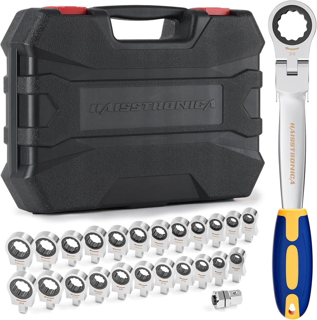 haisstronica 24 in 1 Interchangeable Heads Ratchet Wrench Set with 3/8 in Adapter, Metric & SAE 8-19mm and 1/4-3/4 inch Flex Head Combination Wrench Sets for Auto, Mechanic Tools for Men Gifts (Blue&yellow)