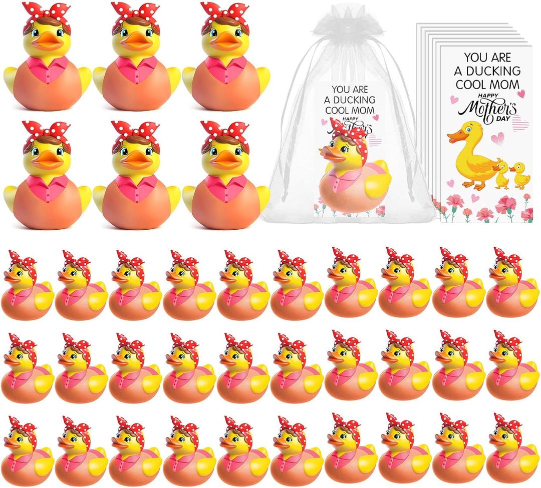 Sotiff 36 Sets Funny Gifts for Mothers Day Mom Themed Rubber Ducks with Thank You Cards Organza Bags Rubber Duckies Appreciation Gifts for Mom Women Friends Mothers Day Party Favors(Classic)