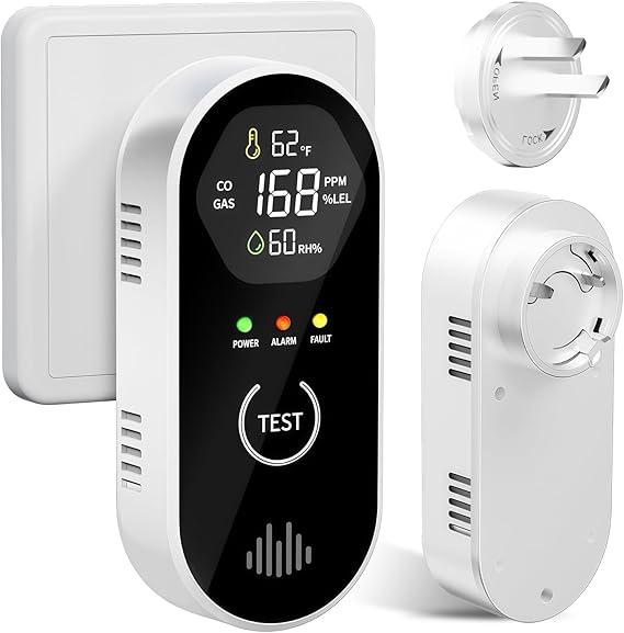 3-in-1 Carbon Monoxide Detectors with Temperature and Humidity Control, Plug-in, 85 dB Audible and Visual CO Alarm, LCD Digital Display, Easy to Install, Test Button, Portable for Bedroom/Office Use