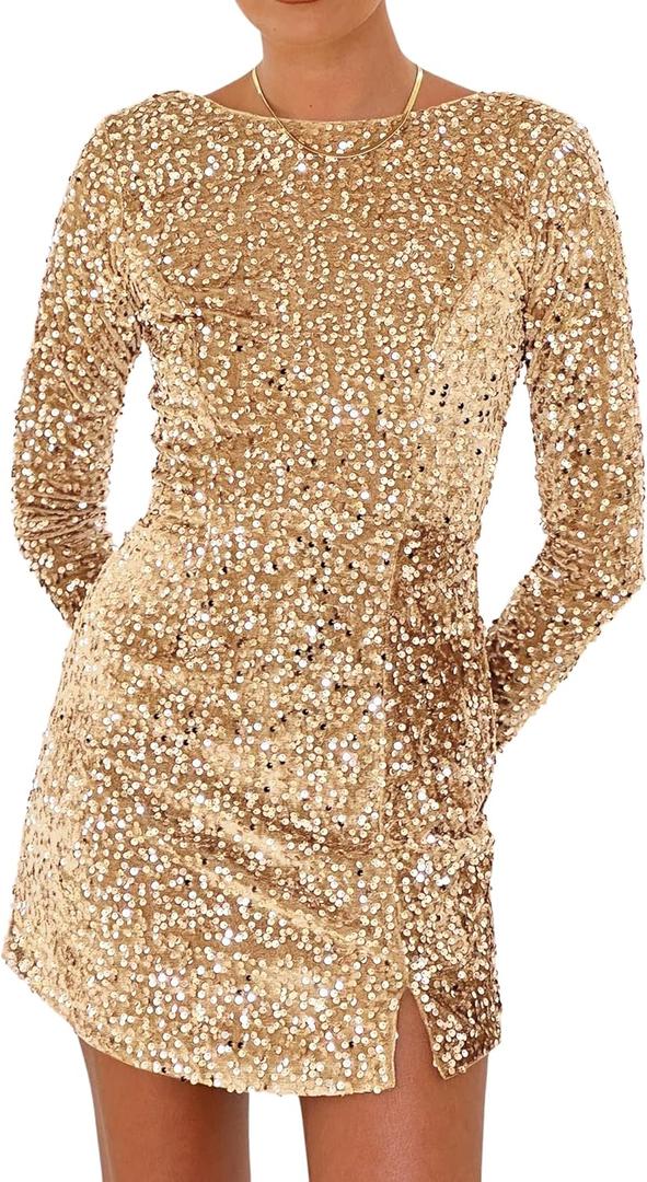 R.Vivimos Women's Sequin Bodycon Dress Fall Winter Velvet Warm Long Sleeve Crew Neck Sexy Backless Glitter Slit Mini Dress (Champagne)