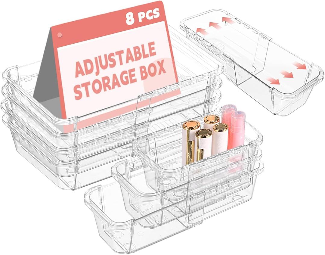 8 Pcs Mixed Extendable Clear Drawer Organizer, All Adjustable Vanity Storage Box, 2-Size Desk Drawer Organizer, Acrylic Storage Bins for Makeup, Cosmetic, Bedroom Dressers Tool Organizer for Gadgets (4 Large + 4 Medium - Clear)