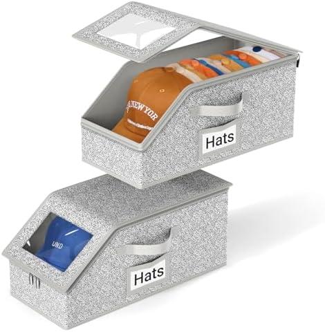 AOODA 2 PCS Stackable Hat Storage for Baseball Caps, Holds up to 24 Caps Hat Organizer for Closet, Sturdy Snapback Boxes for Men with Cardboard, Grey