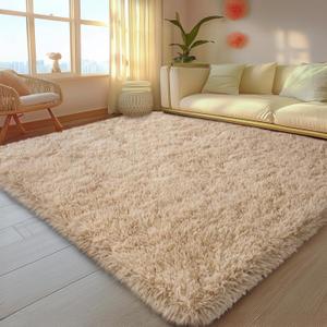 Mugorn 5x7 Rugs for Living Room, Large Fluffy Area Rugs for Bedroom, Soft Carpet Shag Kids Rug with 4 Non-Slip Rug Pads (Light Tan, 5ft x 7ft)