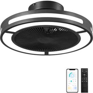 Ohniyou Enclosed Ceiling Fan with Lights,19" Bladeless Ceiling Fan with Lights and Remote, Low Profile Ceiling Fan with Dimmable Led Night Light, Flush Mount Ceiling Fan for Bedroom, Living Room