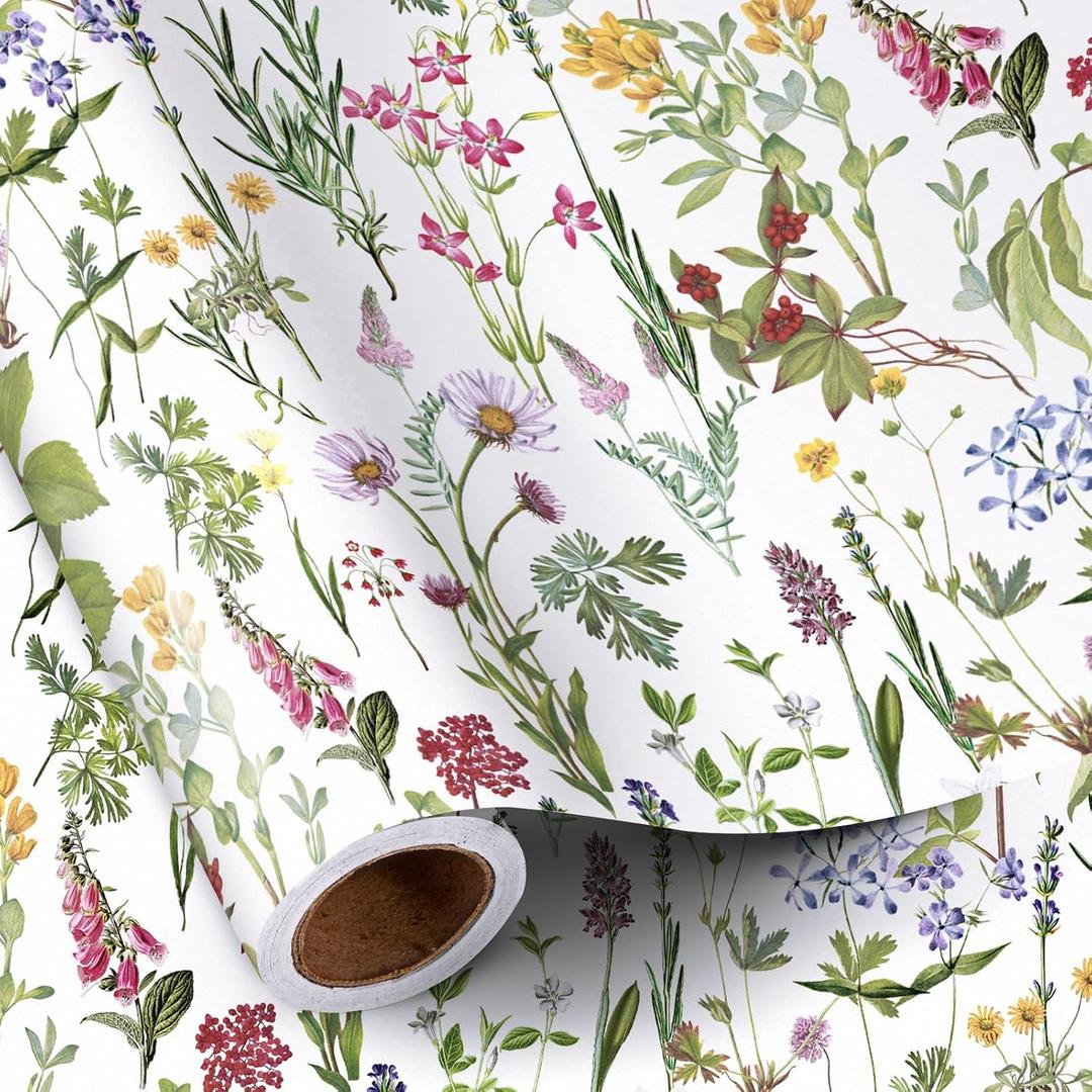 RUSPEPA 30" X 32.8' Wild Flower Wrapping Large Paper Roll for Women Girls, Jumbo Roll, Elegant Floral Design Gift Wrap Perfect for Birthday, Bridal Shower, Spring, Wedding, Mother's Day, 82 sq. ft.