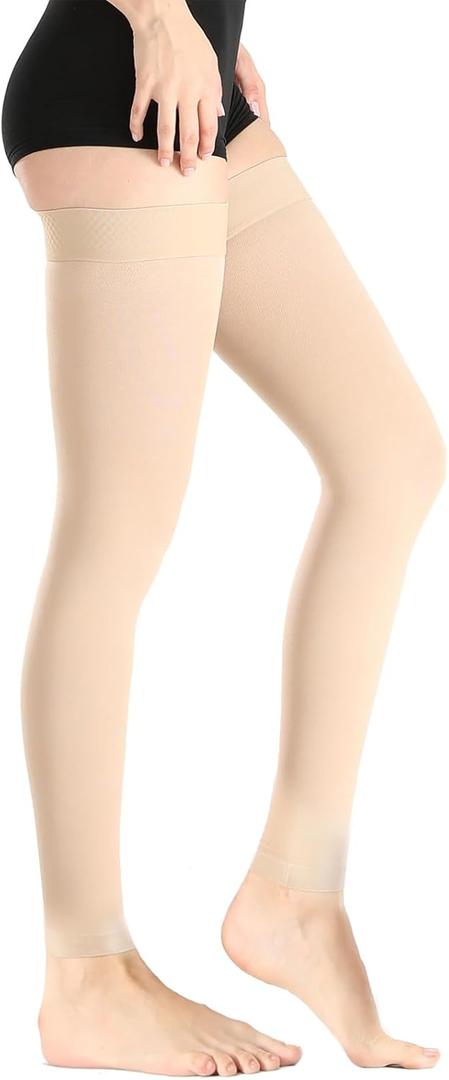 Thigh High Medical Compression Stockings For Women & Men Circulation,20-30 mmHg Graduated Support Hose Compression Socks with Silicone Dot Band-Ideal for Athletic,Flight,Travel Use (Medium, Footless Beige)