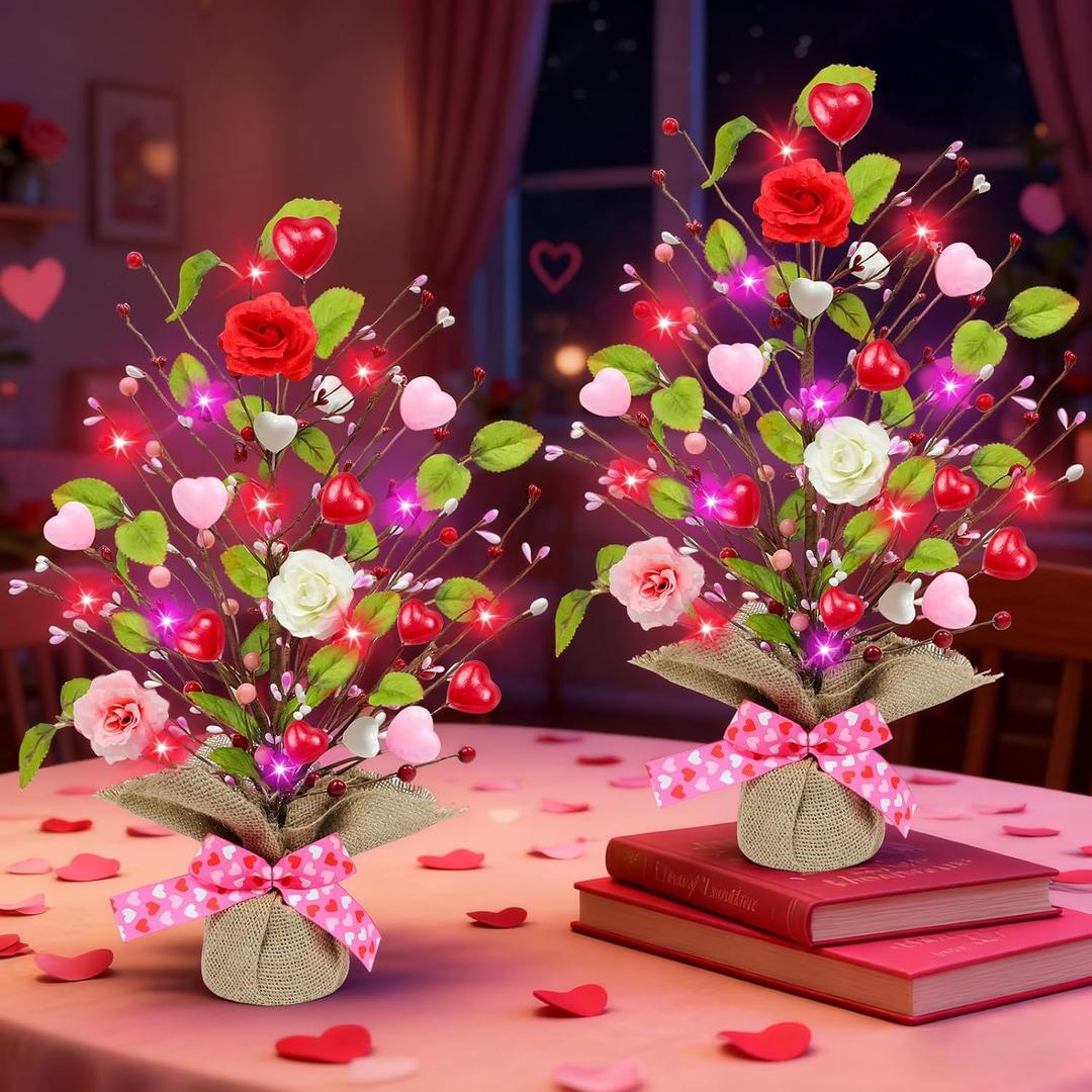 2 Pack & Timer - Valentines Day Decorations, 18 Inch Lighted Valentines Day Tree Tabletop with 20 Red Pink Lights Battery Operated Hearts Rose Berries Artificial Tree Valentines Decor Home Table Party