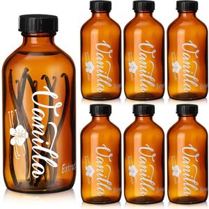 Suclain 6 Pack Vanilla Extract Bottles with Caps Round Amber Glass Bottle Boston High Temperature Screen Printing for Syrup Gift Glass Food Storage Canister Set Sauce Beans(8 oz)