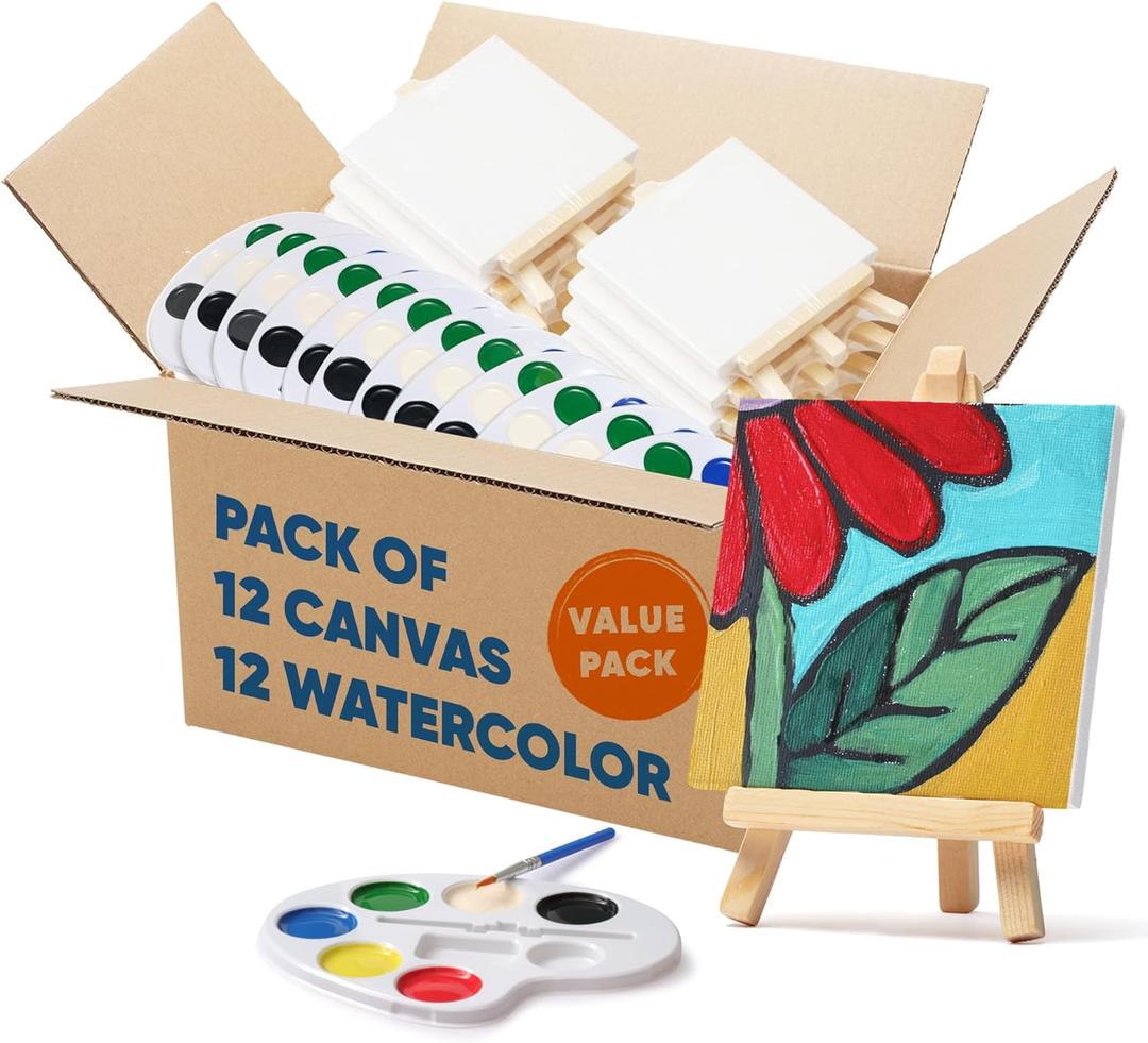 Mini Canvas and Easel Set with Watercolor Paint in Bulk Set of 12 - Kids Art Party Favors & Party Supplies - 4x4 Small Canvases for Painting with Easel - Water Colors Paint for Kids (Multicolor)
